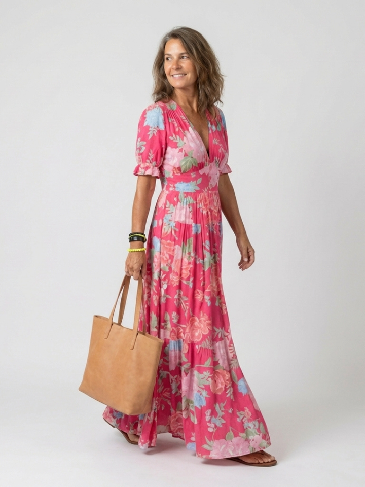 Ione | Robe Midi Fleurie à Manches Courtes et Col V