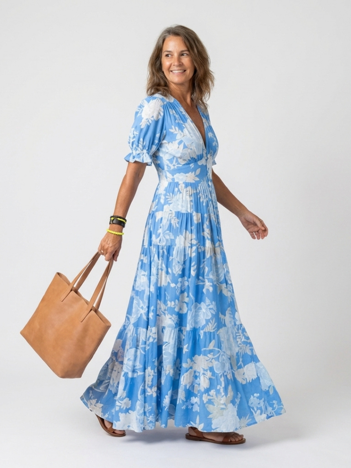 Ione | Robe Midi Fleurie à Manches Courtes et Col V
