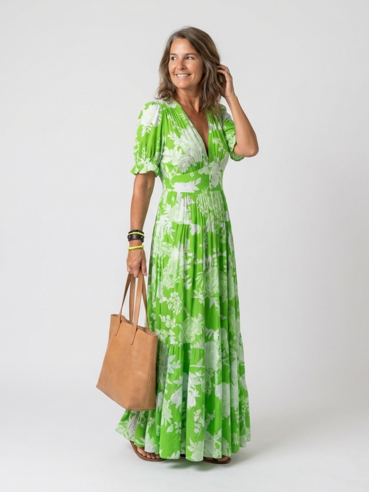 Ione | Robe Midi Fleurie à Manches Courtes et Col V