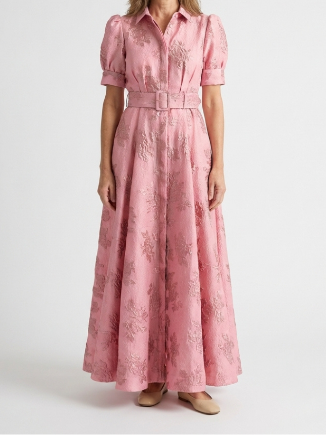 Xanthea | Robe chemise maxi à manches courtes et ceinture florale texturée