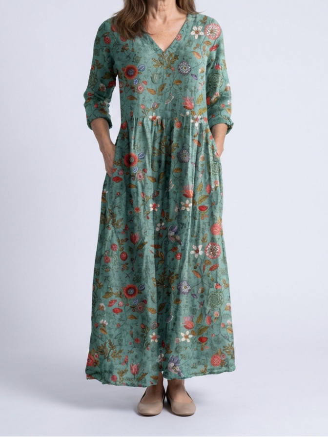 Marina | Robe maxi à manches trois quarts et décolleté en V floral