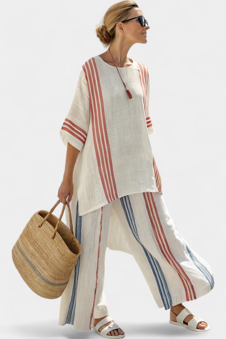 Solvane | Haut à rayures multicolores sophistiqué et pantalons méditerranéens