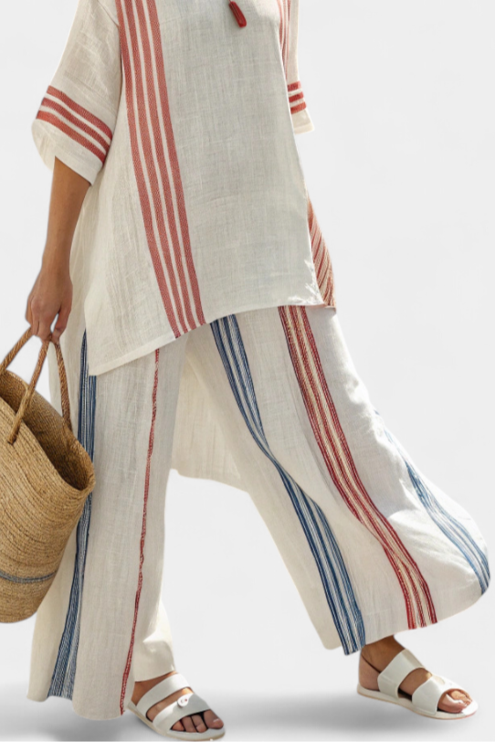 Solvane | Haut à rayures multicolores sophistiqué et pantalons méditerranéens