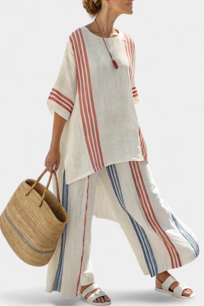 Solvane | Haut à rayures multicolores sophistiqué et pantalons méditerranéens