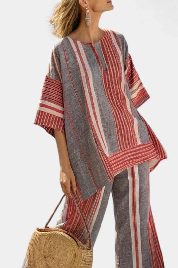 Bravine | Haut en lin élégant corail-gris et pantalons à jambes larges