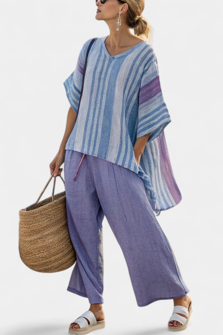 Zellora | Haut élégant lavande et bleu ciel & Pantalons en lin