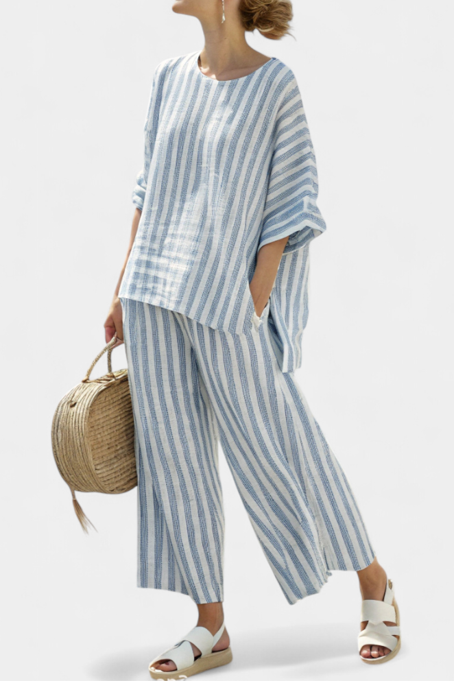 Rensleigh | Haut en lin à rayures bleues sophistiqué et pantalon décontracté