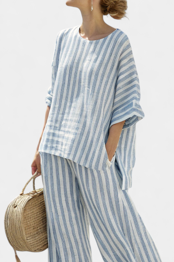 Rensleigh | Haut en lin à rayures bleues sophistiqué et pantalon décontracté