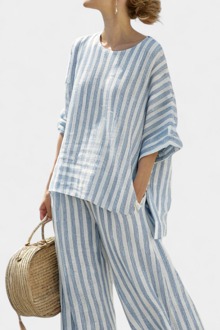 Rensleigh | Haut en lin à rayures bleues sophistiqué et pantalon décontracté