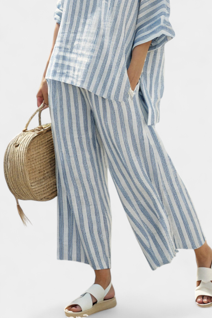Rensleigh | Haut en lin à rayures bleues sophistiqué et pantalon décontracté