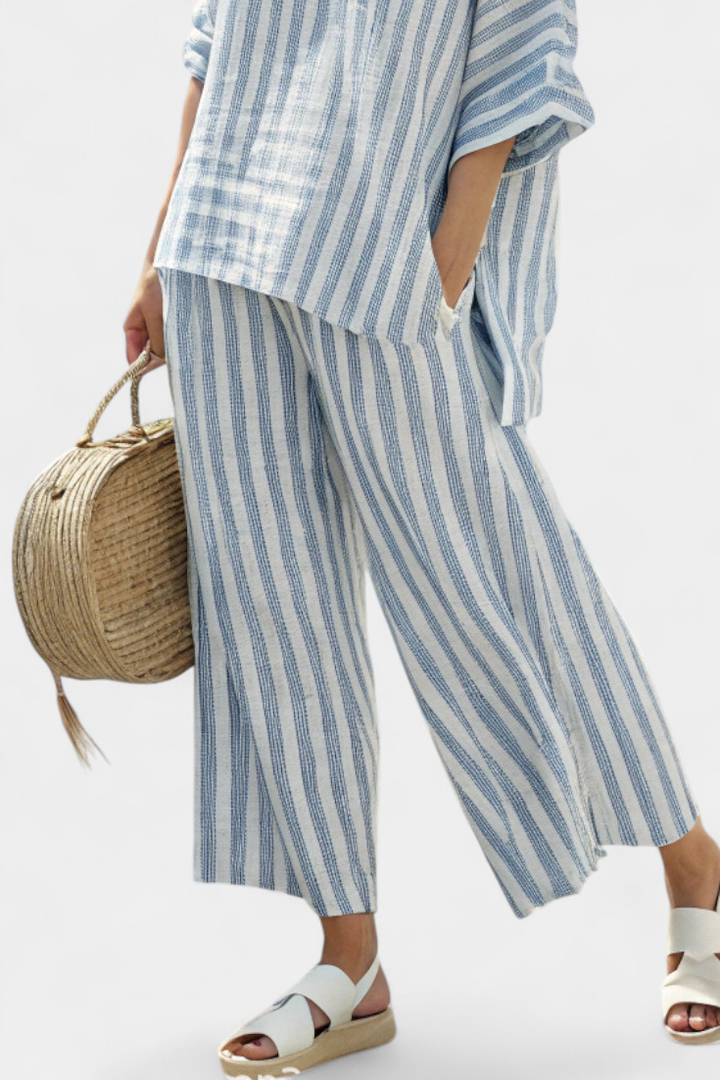 Rensleigh | Haut en lin à rayures bleues sophistiqué et pantalon décontracté