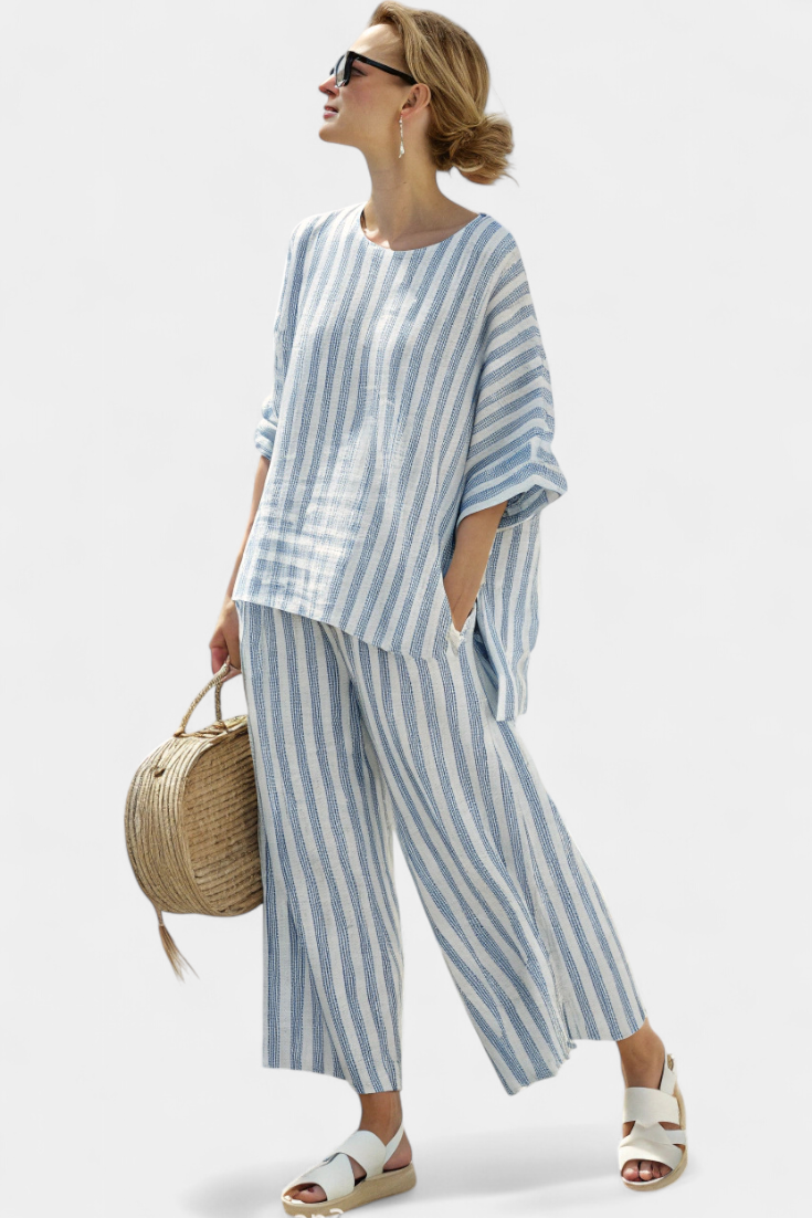Rensleigh | Haut en lin à rayures bleues sophistiqué et pantalon décontracté