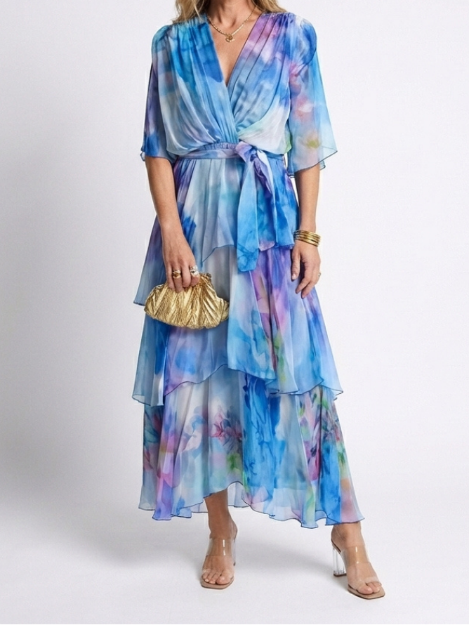 Calista | Robe maxi à décolleté en V, taille à nouer et superposée