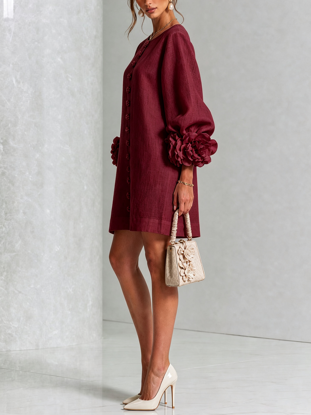 Ilaria | Robe mini à poignets roses – Bordeaux