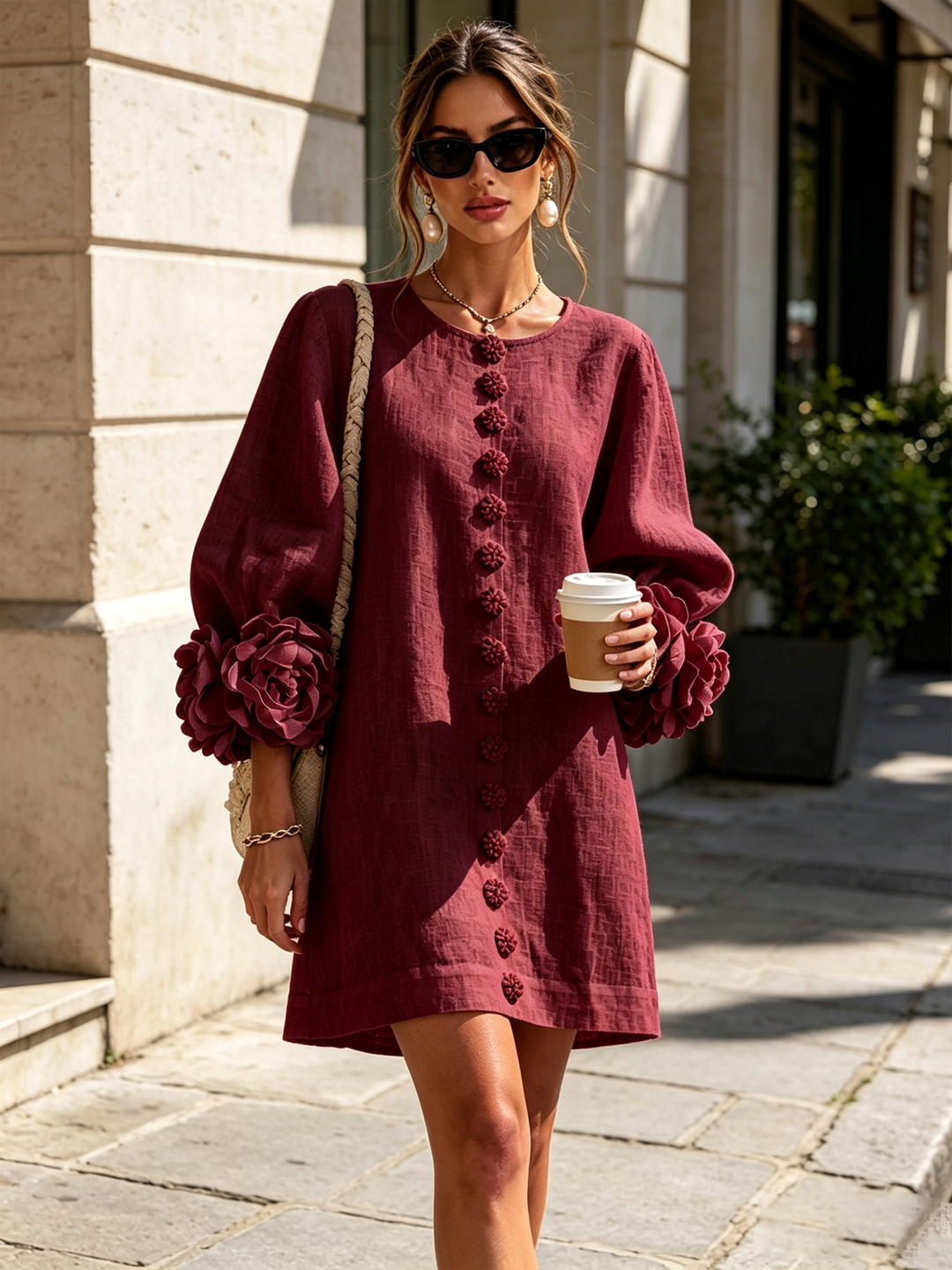 Ilaria | Robe mini à poignets roses – Bordeaux