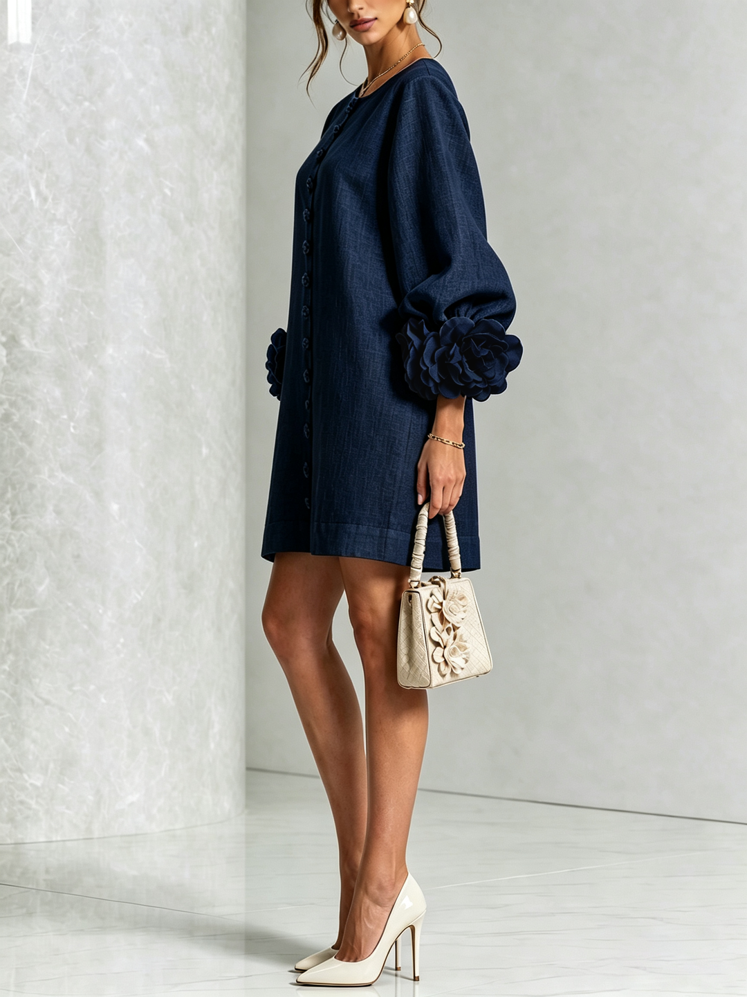 Marina | Robe mini à poignets roses – Bleu marine