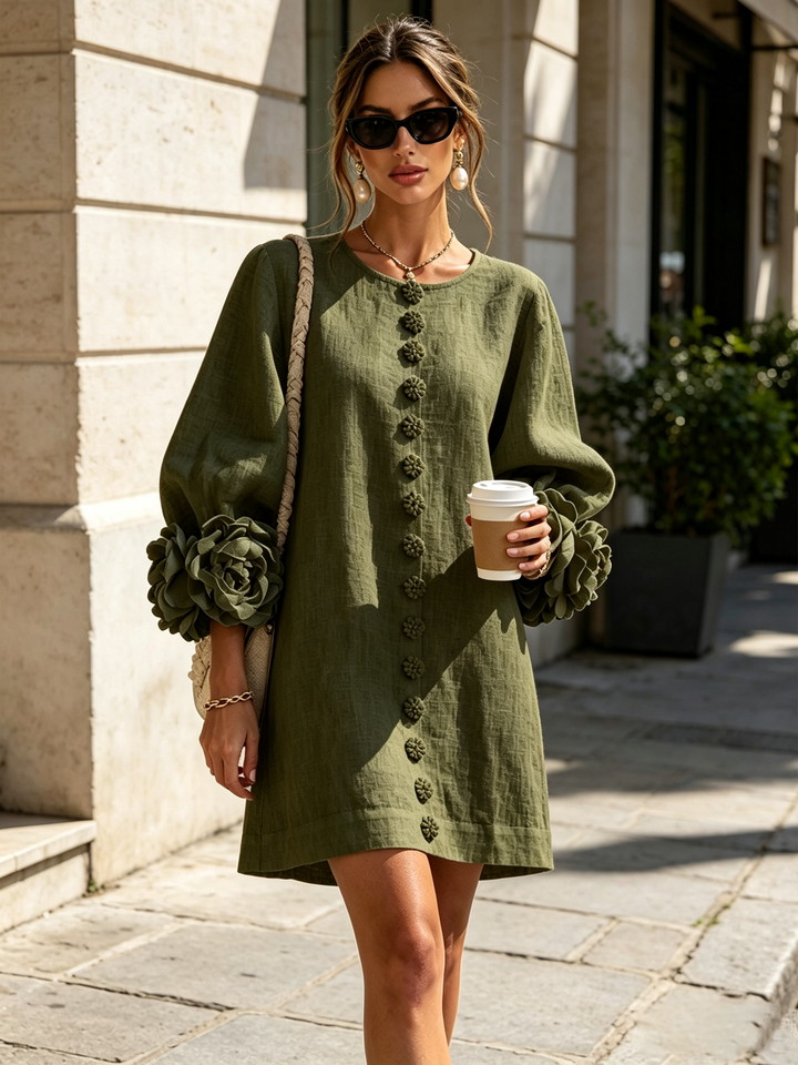 Gaia | Robe mini à poignets roses – Vert olive