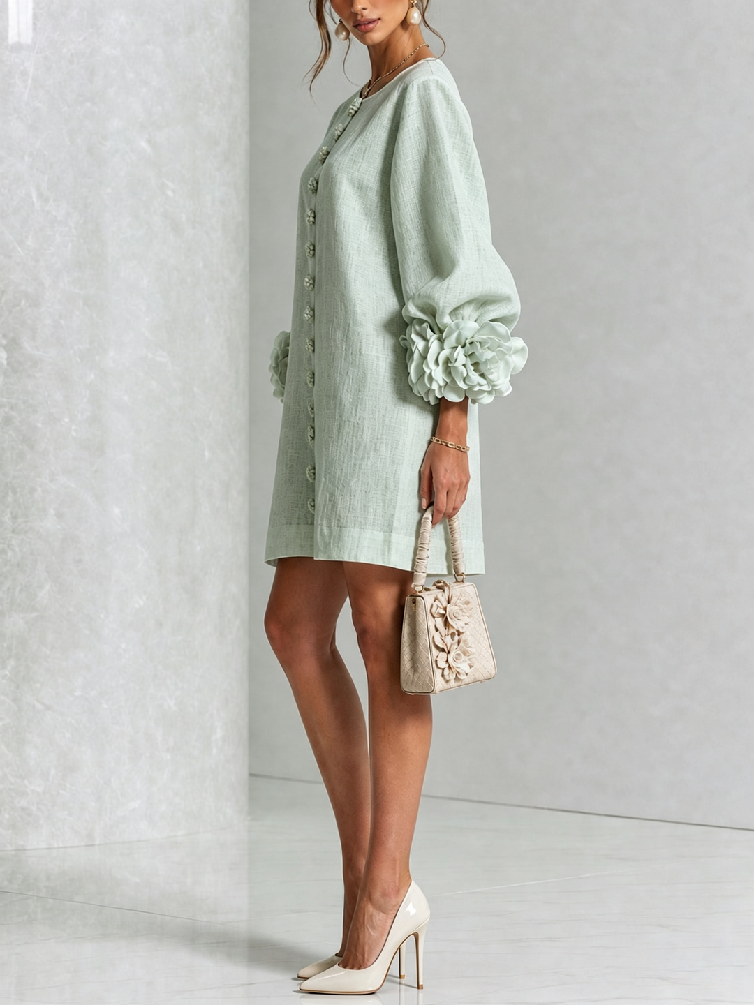 Delia | Robe mini à poignets roses – Vert sauge