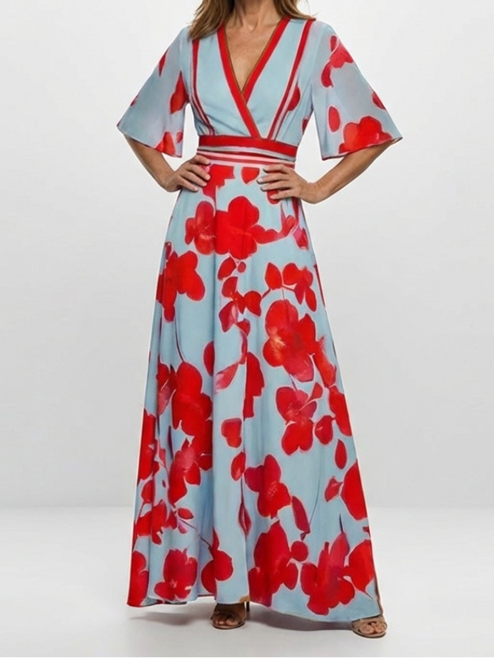 Corinne | Robe Maxi Fleurie à Manches Courtes en V