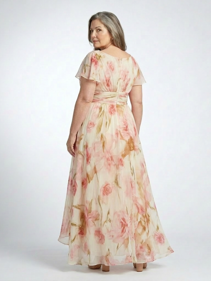 Elara | Robe Maxi Florale à Manches Courtes en V