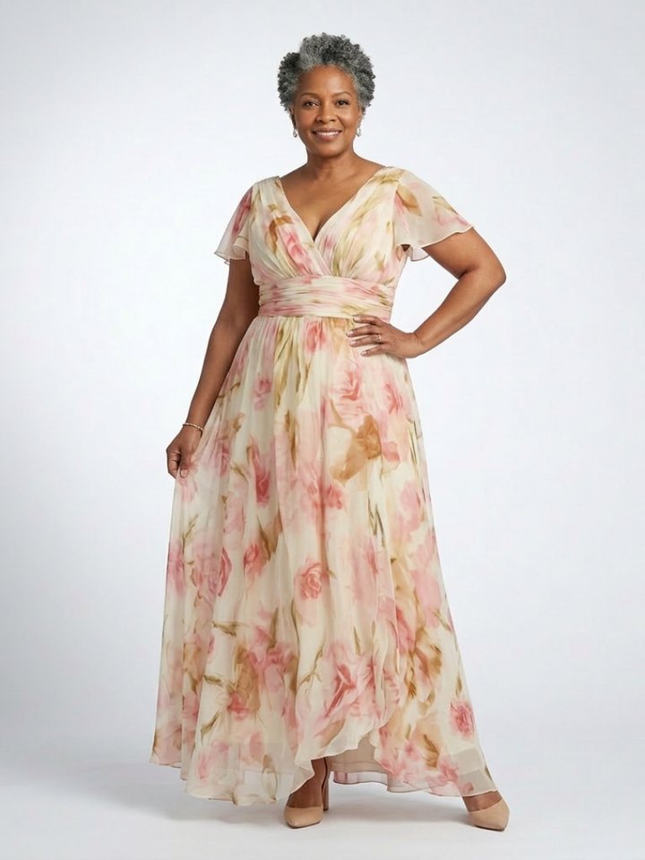 Elara | Robe Maxi Florale à Manches Courtes en V