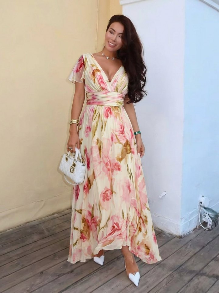 Elara | Robe Maxi Florale à Manches Courtes en V
