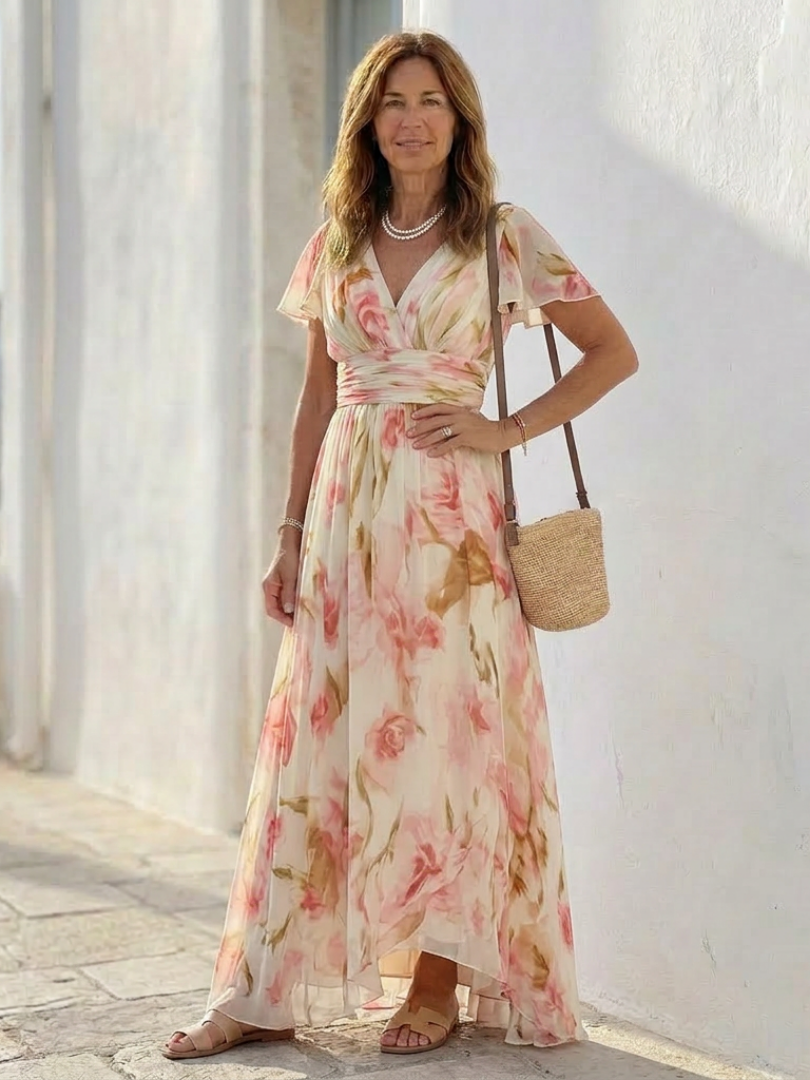 Elara | Robe Maxi Florale à Manches Courtes en V