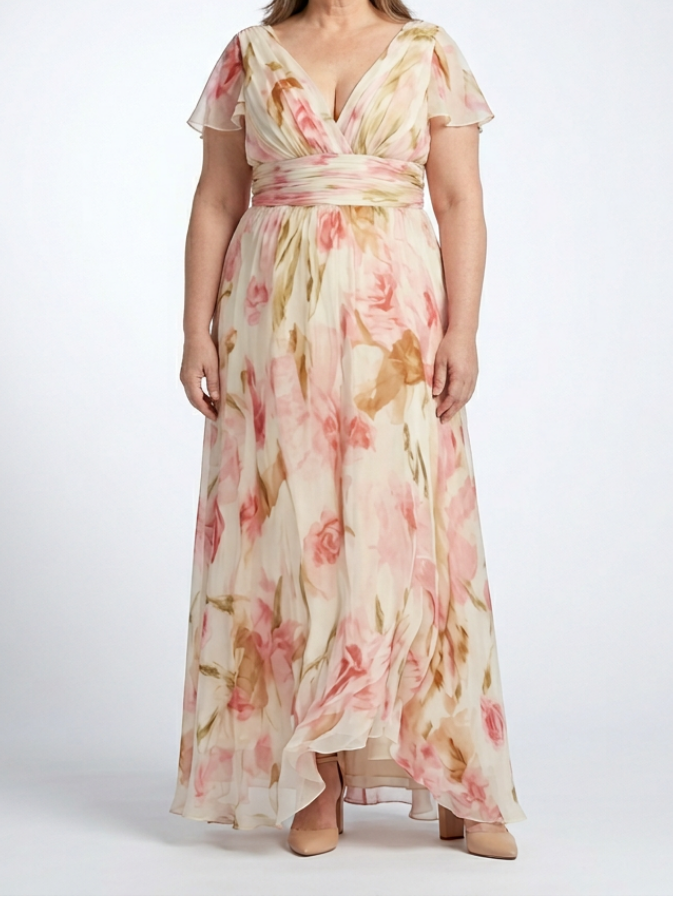 Elara | Robe Maxi Florale à Manches Courtes en V