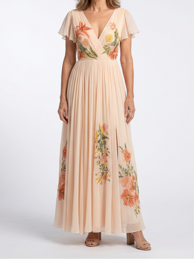 Calista | Robe maxi plissée à fleurs à col en V et manches courtes