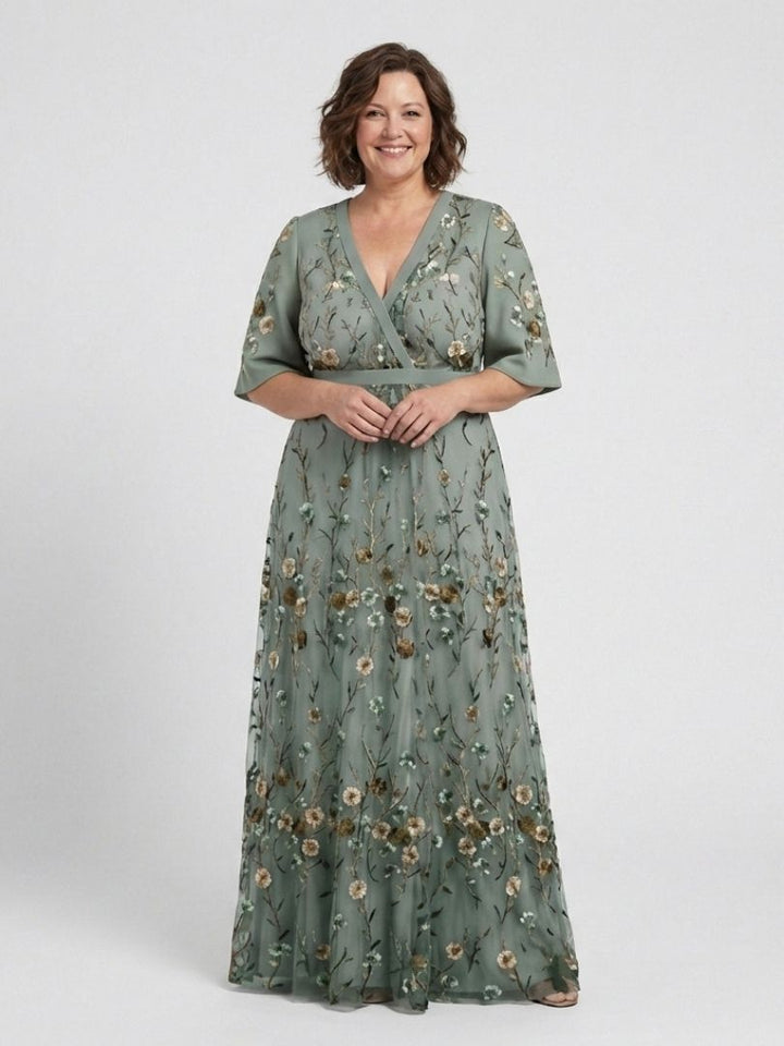 Evadne | Robe maxi à col en V floral à manches courtes