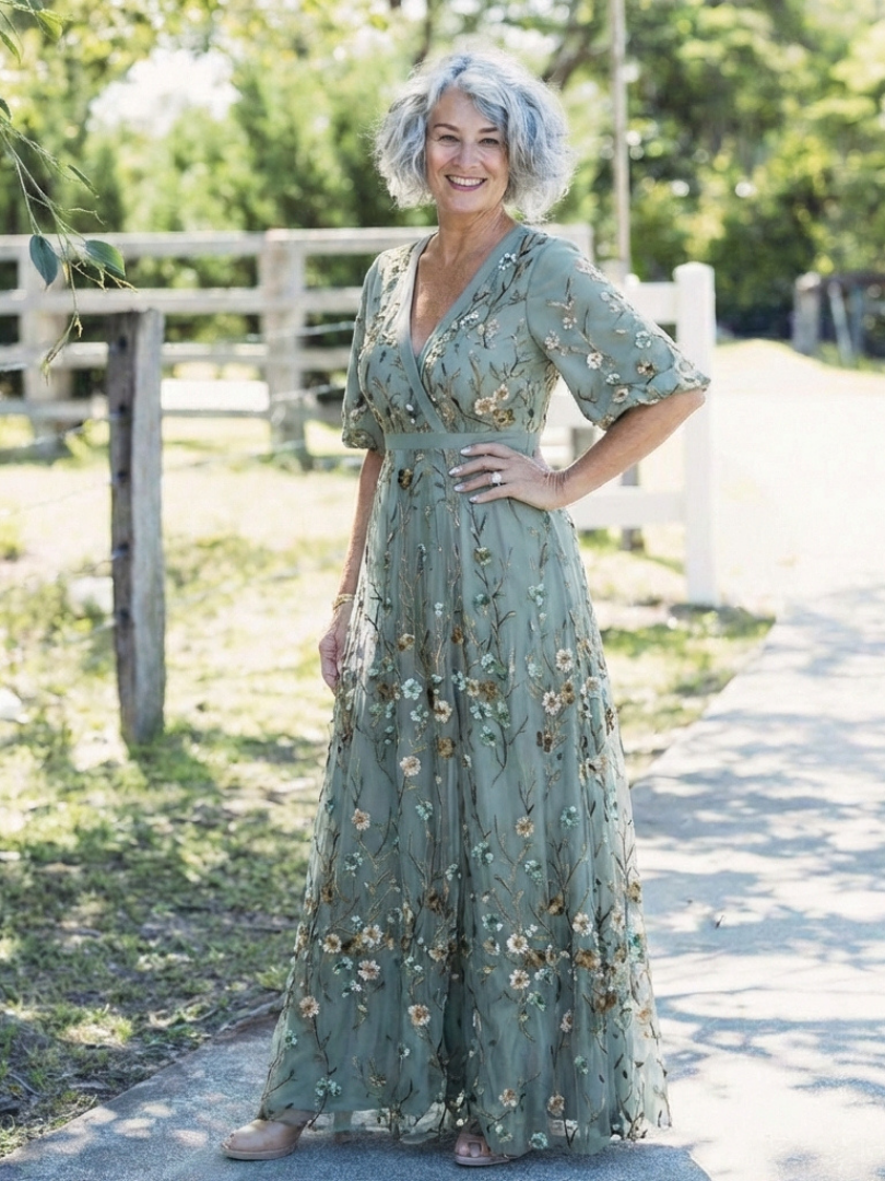Evadne | Robe maxi à col en V floral à manches courtes