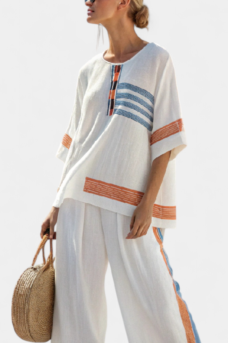 Marcellin | Haut et Pantalon Rayés Bleu-Orange Sophistiqués