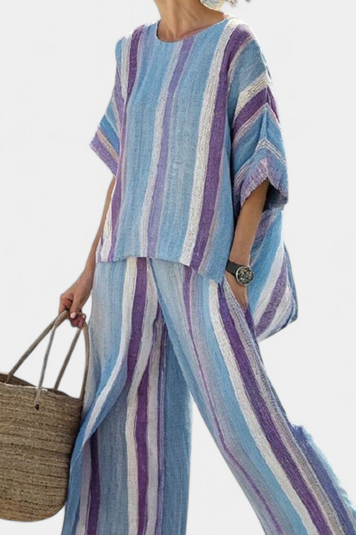 Faelith | Haut Mauve Pastel Élégant & Pantalons en Lin Rayés