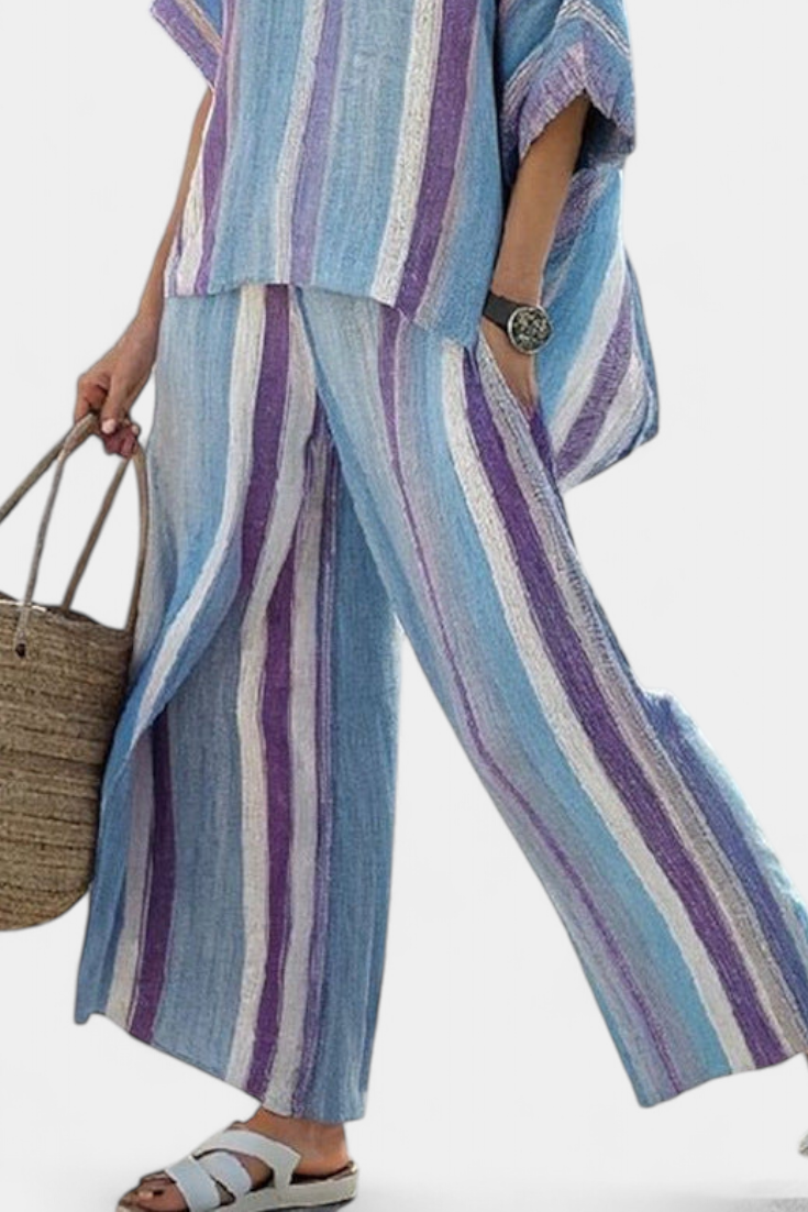 Faelith | Haut Mauve Pastel Élégant & Pantalons en Lin Rayés