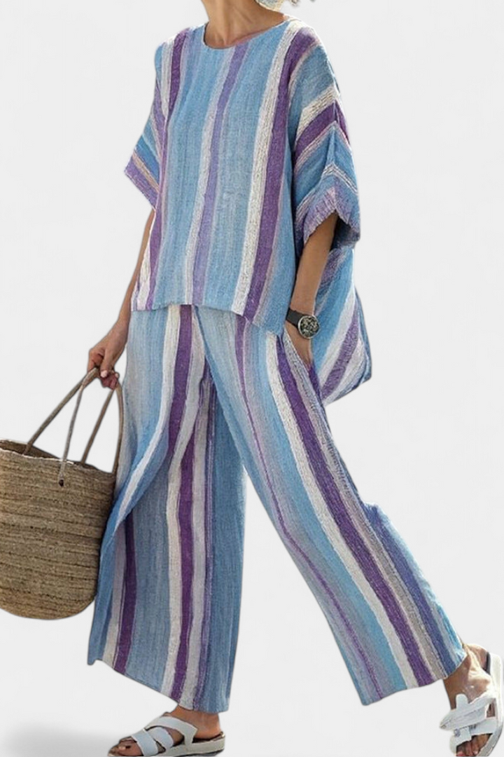 Faelith | Haut Mauve Pastel Élégant & Pantalons en Lin Rayés
