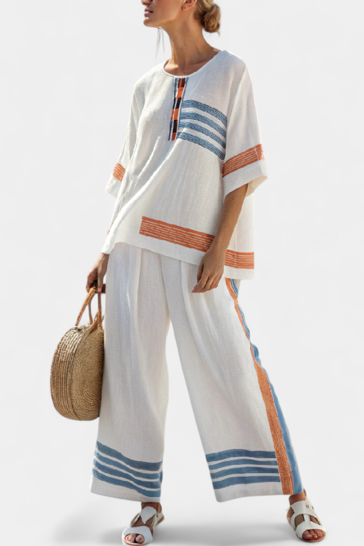 Marcellin | Haut et Pantalon Rayés Bleu-Orange Sophistiqués