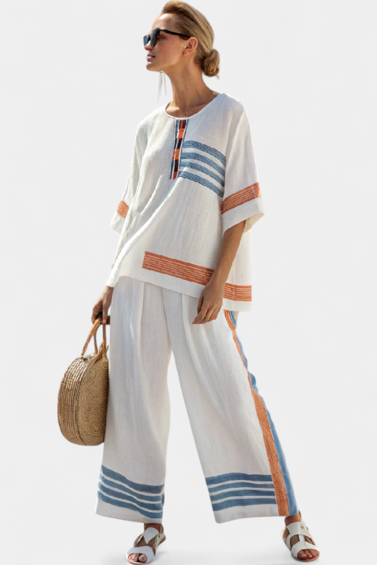 Marcellin | Haut et Pantalon Rayés Bleu-Orange Sophistiqués