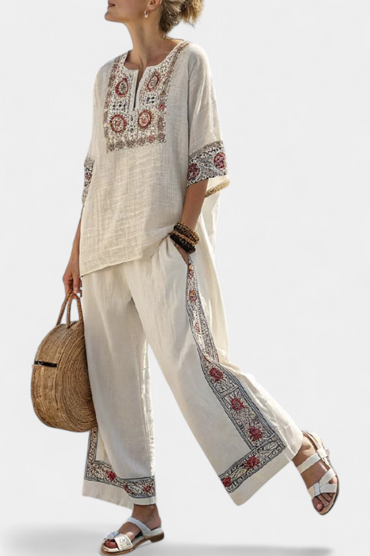 Tameric | Blouse brute brodée sophistiquée et pantalons larges