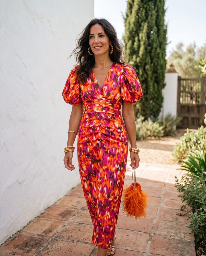 Carla™ | Robe midi fleurie à manches bouffantes
