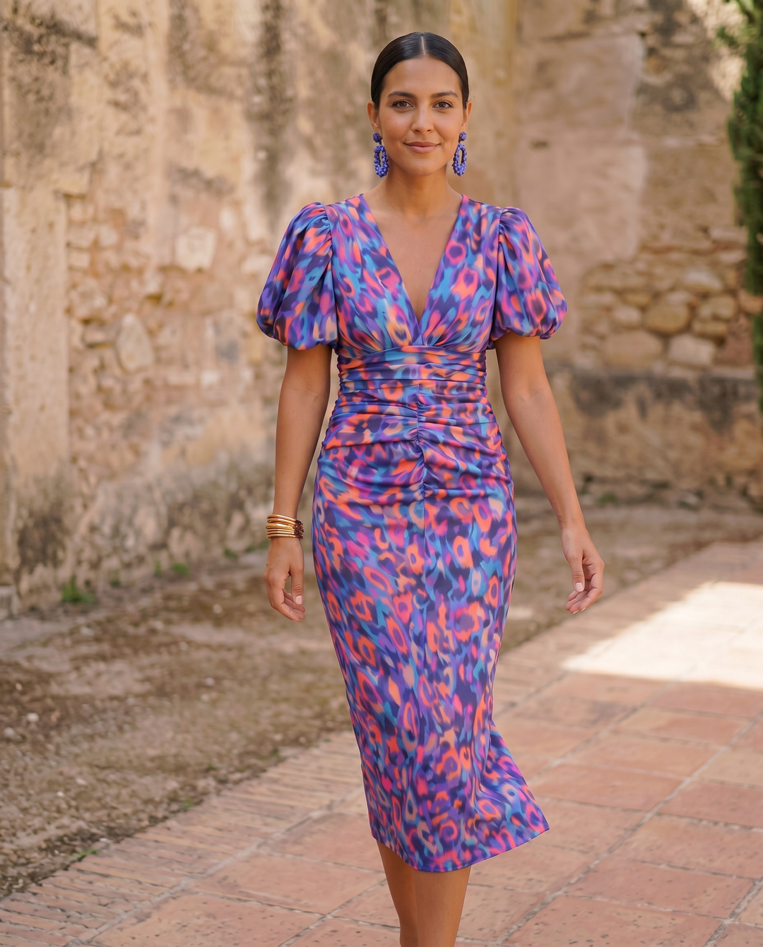 Carla™ | Robe midi fleurie à manches bouffantes
