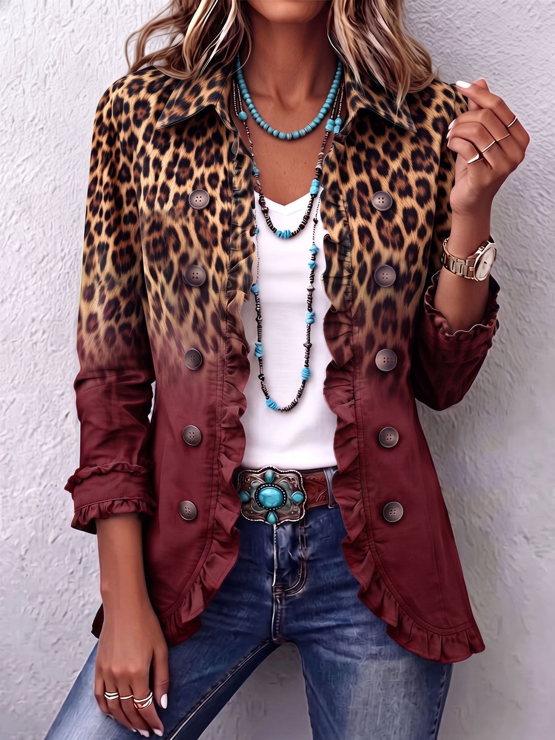 Tomasa | Blazer léopard bordeaux à volants