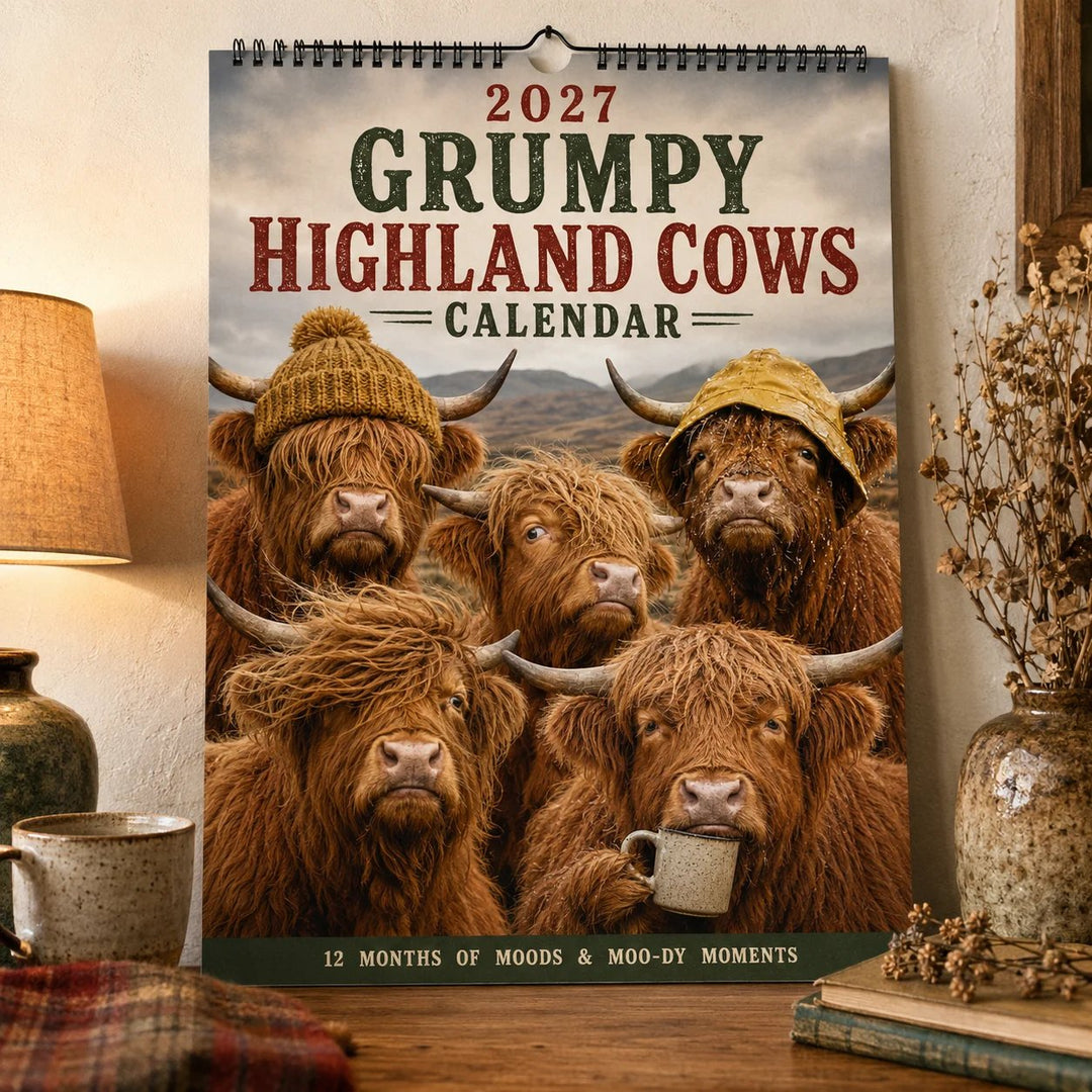 CALENDRIER MURAL 2027 – Vaches Highland Grincheuses