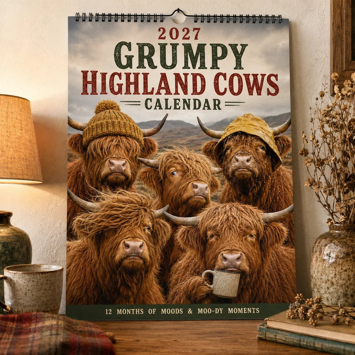 CALENDRIER MURAL 2027 – Vaches Highland Grincheuses