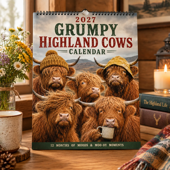 CALENDRIER MURAL 2027 – Vaches Highland Grincheuses