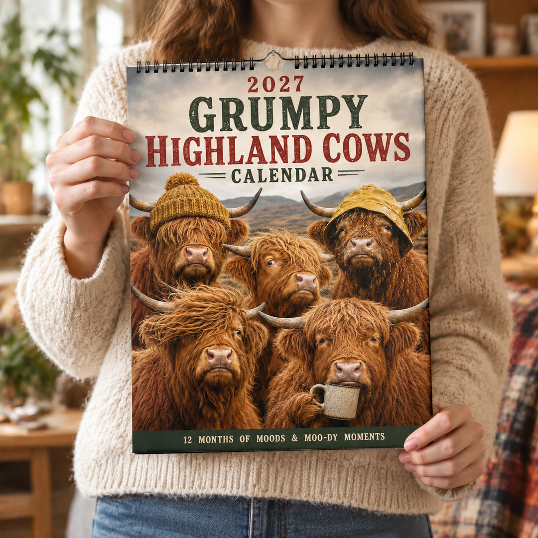 CALENDRIER MURAL 2027 – Vaches Highland Grincheuses