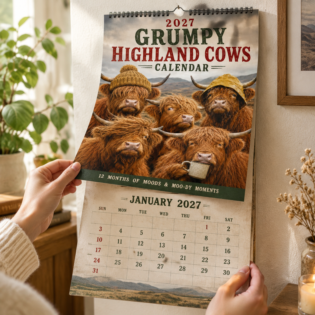CALENDRIER MURAL 2027 – Vaches Highland Grincheuses
