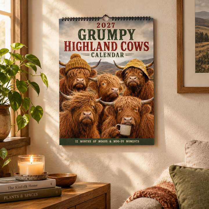 CALENDRIER MURAL 2027 – Vaches Highland Grincheuses