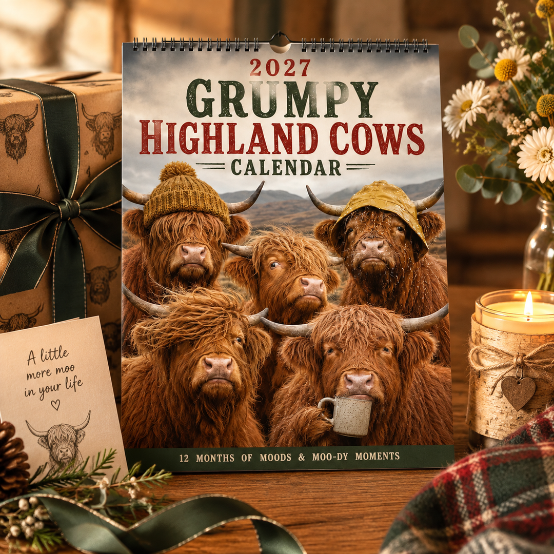 CALENDRIER MURAL 2027 – Vaches Highland Grincheuses